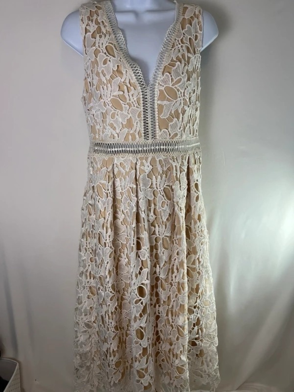 Lace Overlay Cream Midi Dress with V-Neck